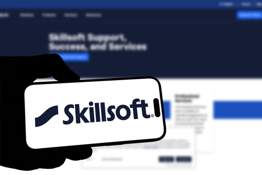 Kiel, Germany - 08-19-2026: Smartphone displaying US corporate learning technology company Skillsoft logo in front of companys webpage