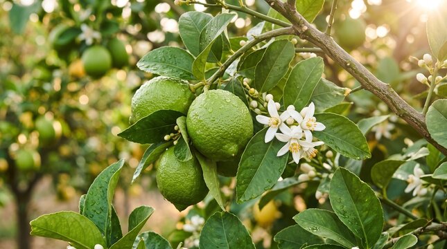 Fresh green lemons on a tree branch with white blossoms in a sunny citrus orchard garden.
