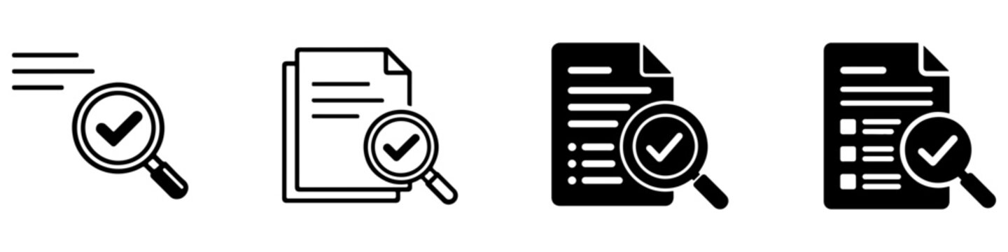 Assess icon set in black and white styles for evaluation, testing, review, analysis, and decisions UI.