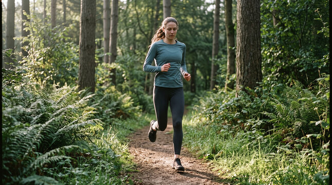Woman running forest trail centre avoiding tick habitat ferns