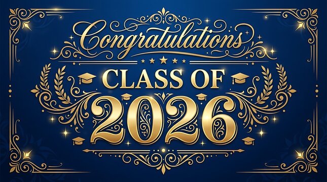 Elegant celebratory graphic for graduating class of 2026 with ornate gold accents on a dark blue background