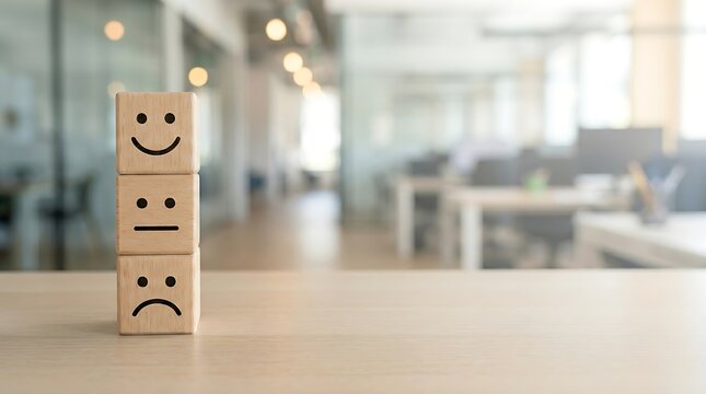 Wooden emotion cubes stacked vertically showing progressive mood levels from happy neutral to sad expressions within blurred bright office interior setting