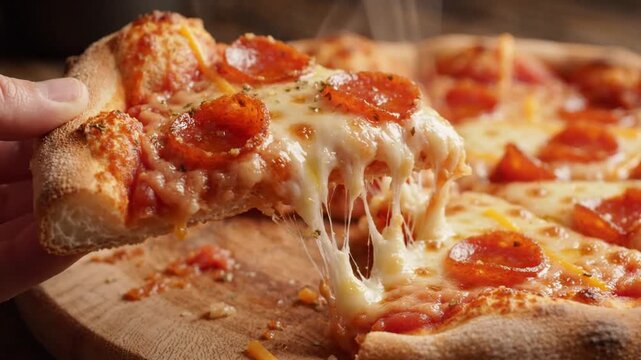 Hand Lifting a Slice of Hot Pepperoni Pizza with Melting Stretchy Cheese