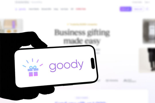 Kiel, Germany - 08-19-2026: Smartphone displaying US corporate gifting platform Goody logo in front of companys webpage