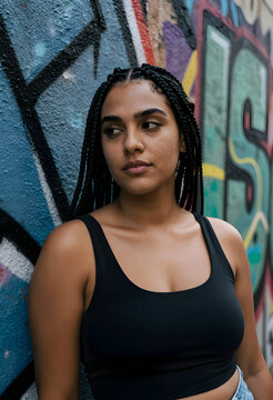 Youth culture and urban lifestyle, young woman with braids standing against a colorful graffiti wall outdoors