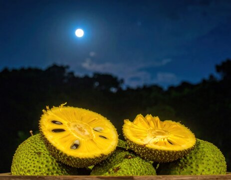 Sliced jackfruit at night under a full moon.