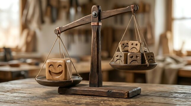 Wooden balance scale supporting carved cubes representing emotional contrast between joy and sadness in artisanal workshop interior with blocks