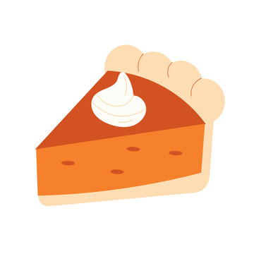 Pumpkin pie slice vector illustration. Flat fall pumpkin pie with whipped cream isolated element for Thanksgiving holiday or autumn menu design.