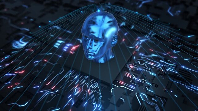 Advanced digital human head linked to electronic circuits represents agentic AI, autonomous intelligent automation, neural processing, machine intelligence, decision systems next generation computing.