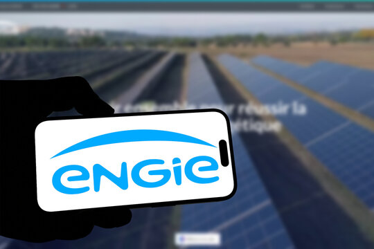 Kiel, Germany - 08-19-2026: Smartphone displaying French energy company ENGIE logo in front of companys webpage