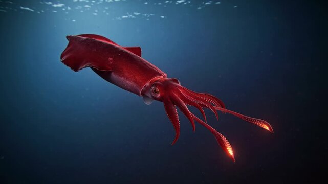 Red giant squid with glowing tentacles swimming in the deep blue ocean