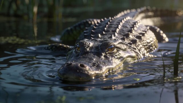 Dangerous alligator swimming in the dark water of a murky swamp, looking directly at the camera