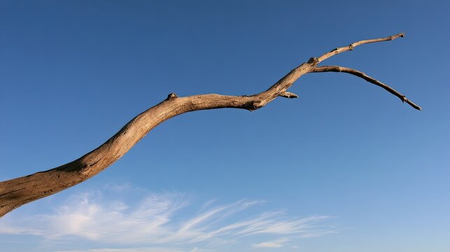Stark, weathered branch reaching against a vast, blue sky with wispy clouds