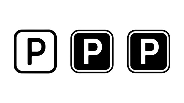Three parking signs with letter P in different styles white black and bold for traffic guidance and urban planning