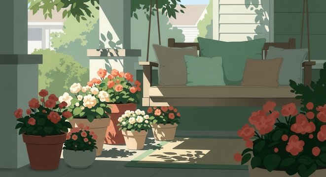 Tranquil Porch Scene With Blooming Flowers And A Cozy Swing