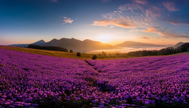 a serene landscape of a vast field of purple flowers at sunrise