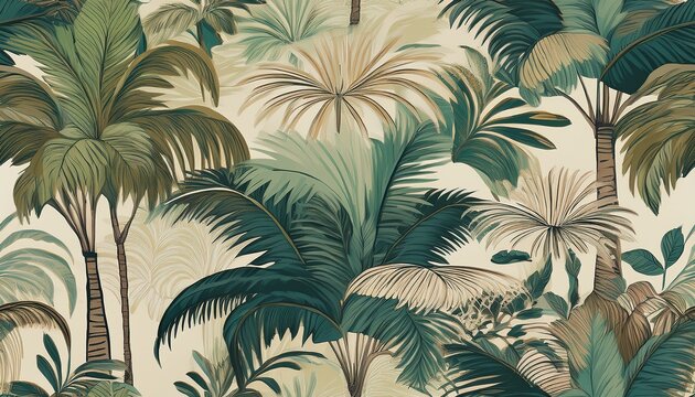seamless tropical pattern with various palm trees and foliage muted greens and beige tones