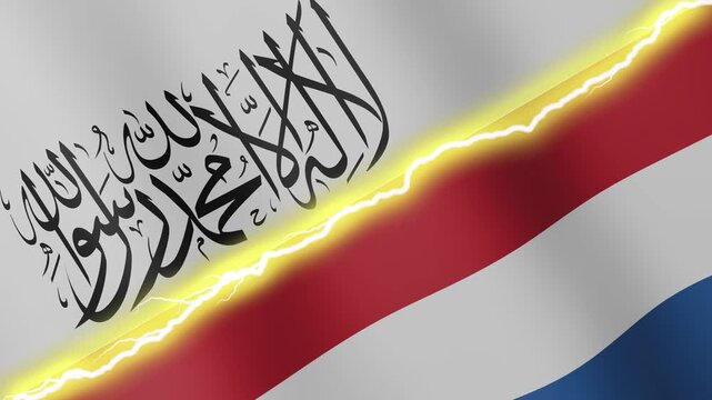 Two waving flags Afghanistan and Netherlands with diagonal lightning seamless, 4k loop