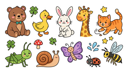 Naklejka premium Cute cartoon animals and insects sticker vector set featuring sweet baby bear duckling bunny rabbit giraffe kitten grasshopper snail butterfly ladybug and honey bee characters.