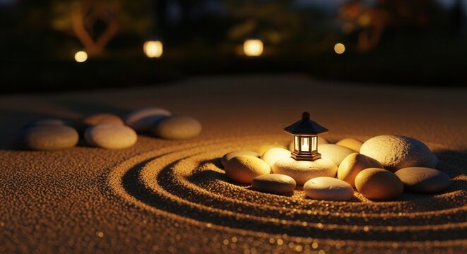 Tranquil Zen Garden With Lantern Illumination Evening Ambiance