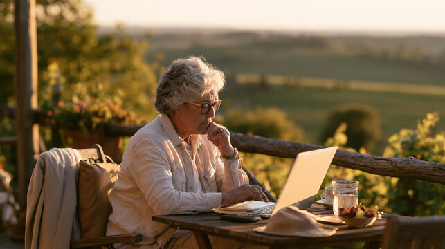 Active senior woman working on her laptop at a vineyard terrace table, waist-up shot, local flavor senior digital nomad lifestyle, warm golden hour light, authentic candid photogra