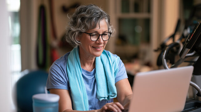 Active senior woman working on her laptop at a home gym after a workout session, waist-up shot, healthy aging active senior fitness concept, natural light, authentic unposed photog