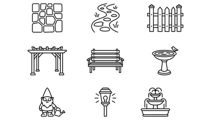 Fototapeta premium Garden and Backyard Landscaping Elements Line Icon Set Featuring Bench, Fountain, Fence, Path, Pergola, Lantern, Birdbath, and Gnome Vectors for Exterior Design