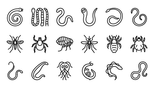 Harmful Parasites Household Pests and Biological Disease Vectors Line Icon Set Featuring Helminth Worms Fleas Ticks Mosquitoes Lice and Microscopic Microbe Symbols