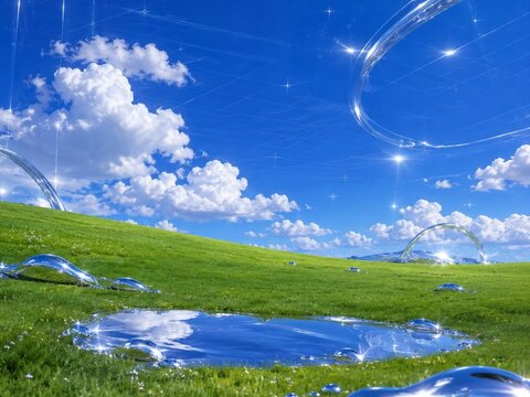 Futuristic Green Meadow and Blue Sky with Chrome Elements