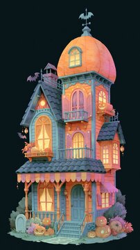 Whimsical haunted house with pumpkins and bats.