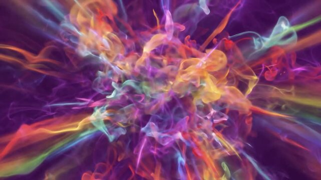 Rainbow colored smoke swirling and colliding on a deep purple background