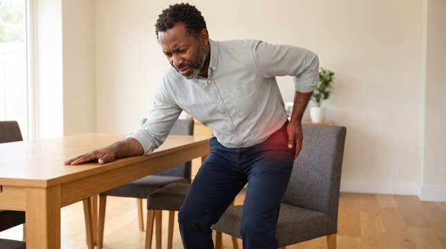 Man standing with hip pain holding table for support in modern home