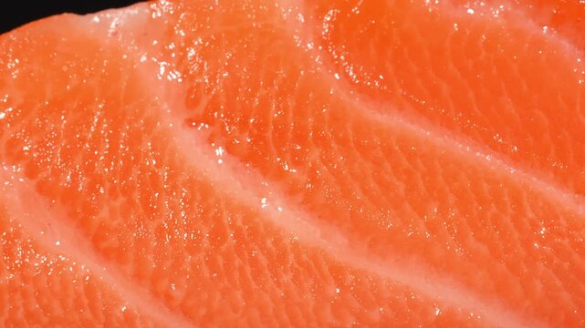 Macro dolly shot over fresh raw salmon fillet showing glistening texture and fat marbling.