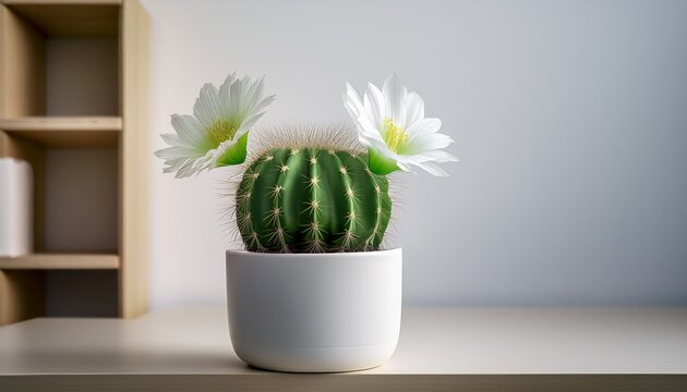 a small green cactus in a white pot with two white flowers on a shelf