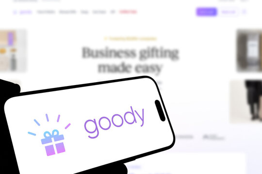 Kiel, Germany - 08-19-2026: Smartphone displaying US corporate gifting platform Goody logo in front of companys webpage