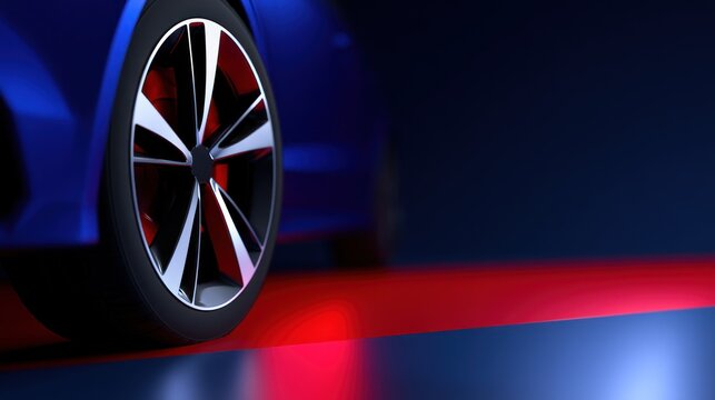 Elegant car wheel with modern alloy rim design under sleek lights in a dim ambiance