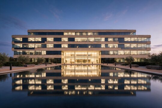 Corporate headquarters at dusk reflecting in a large water basin in front of the building