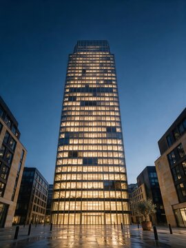 Glass office tower glowing from within against the deep blue sky of the evening