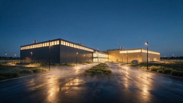 Industrial manufacturing plant with lit production halls at blue hour