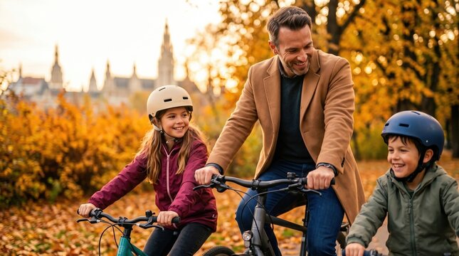 Smiling father in coat bikes with two helmeted children on a leafy path in autumn, warm golden light and trees behind; family cycling outing, casual clothing