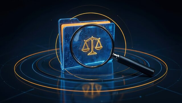 Digital folder and magnifying glass with scale of justice icon on tech background