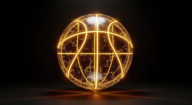 Glowing energy basketball made of golden light lines.