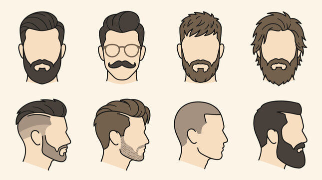 Set of male hairstyles and beard profile illustrations for avatars and portraits.