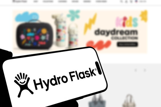 Kiel, Germany - 08-19-2026: Smartphone displaying US drinkware brand Hydro Flask logo in front of companys webpage