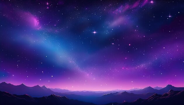 a vertical starry night sky with a smooth gradient from deep purple to dark blue filled with tiny sparkling stars and a soft glowing purple nebula drifting through the center