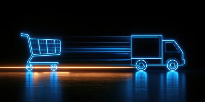 One click checkout concept. Neon outline of a shopping cart being pulled by a delivery truck on dark background.