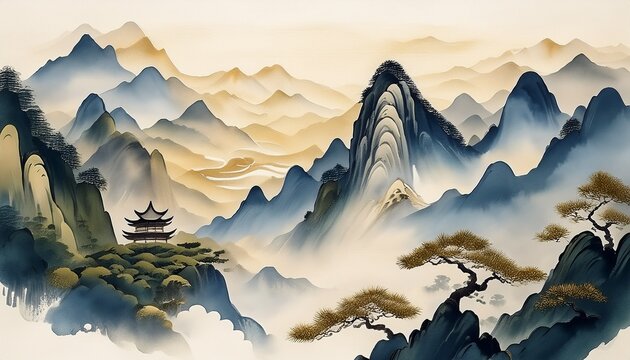 chinese ink wash painting of clouds and mountains