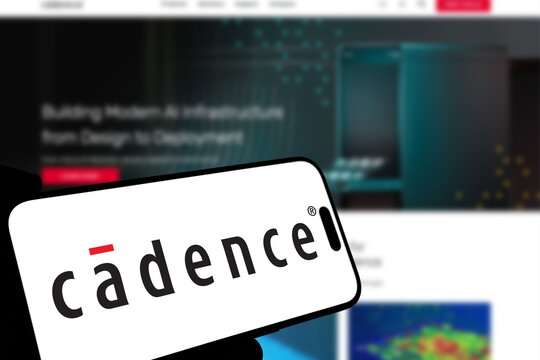 Kiel, Germany - 08-19-2026: Smartphone displaying US electronic design automation software company Cadence logo in front of companys webpage