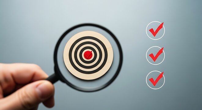Business target bullseye under magnifying glass, marketing strategy goals with checkmark icons, corporate success and precision concept