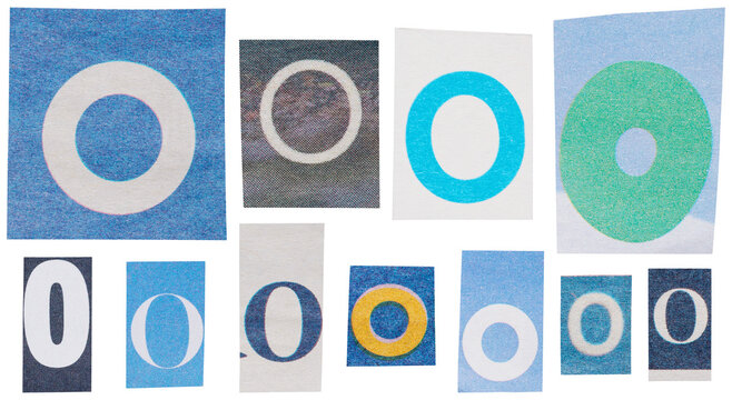 Blue ransom note letter O collection made from newspaper and magazine cutouts isolated